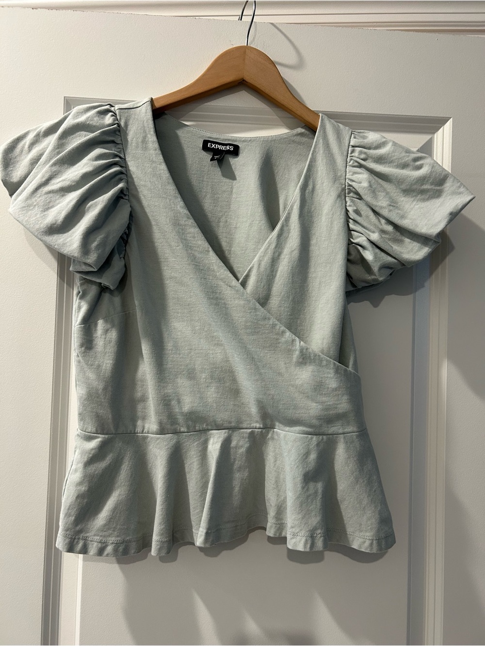 Express Grey Puff Sleeve Wrap Peplum Top